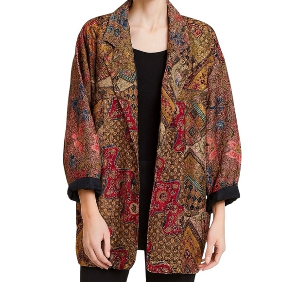 Vtg OK MIKE Multicolor Floral Beaded Jacket 3/4 Sleeve Pockets Lined Boho Cotton - Picture 1 of 8